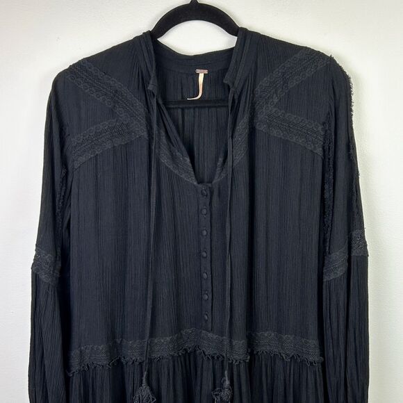 Free People Feelin Moody Mini Dress Black Long Sleeve Flowy Boho Whimsigoth S - Picture 4 of 15